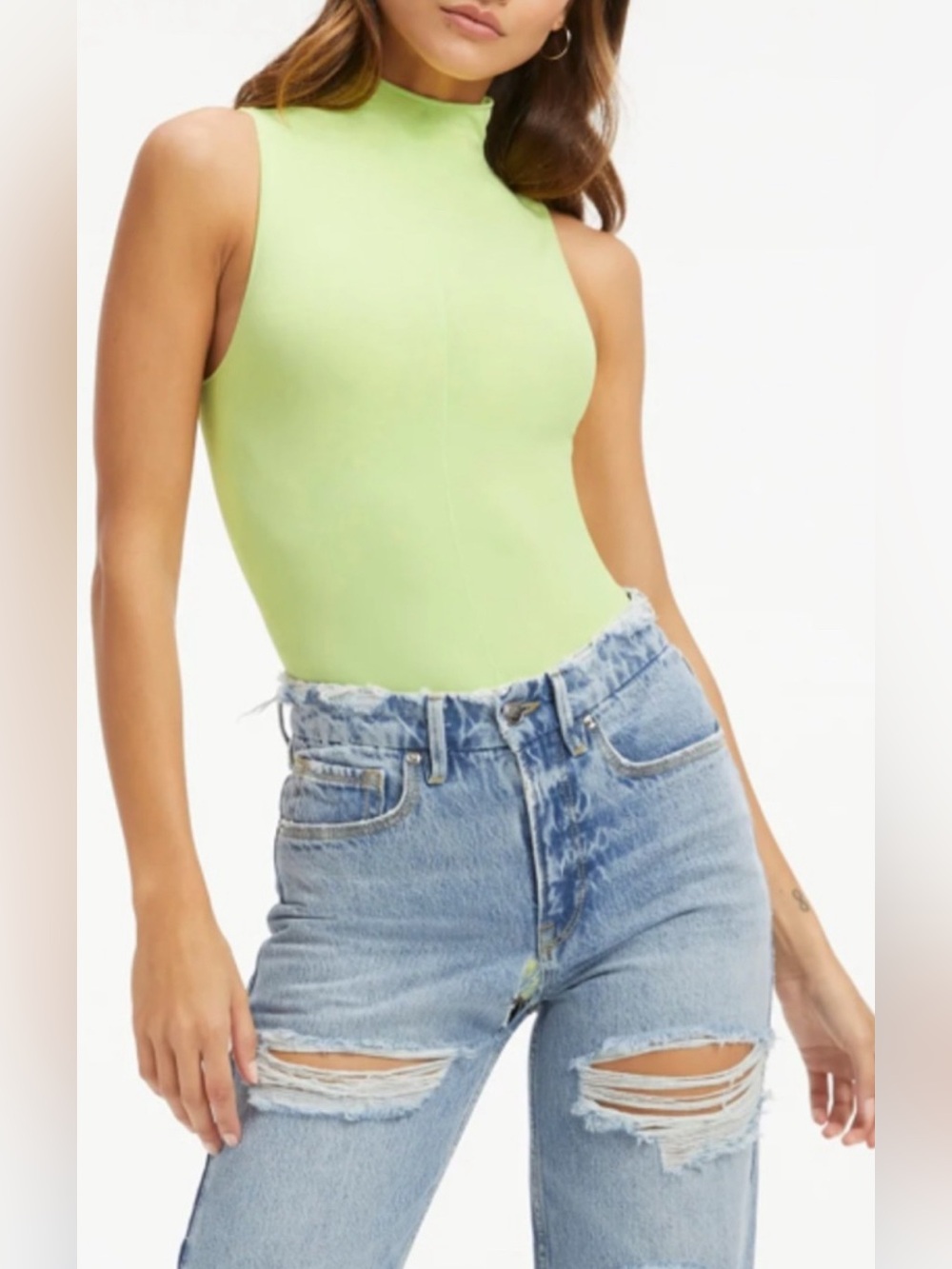 Good American Bodysuit Womens 3/4 Large X-Large Key Lime Green High Neck Sporty